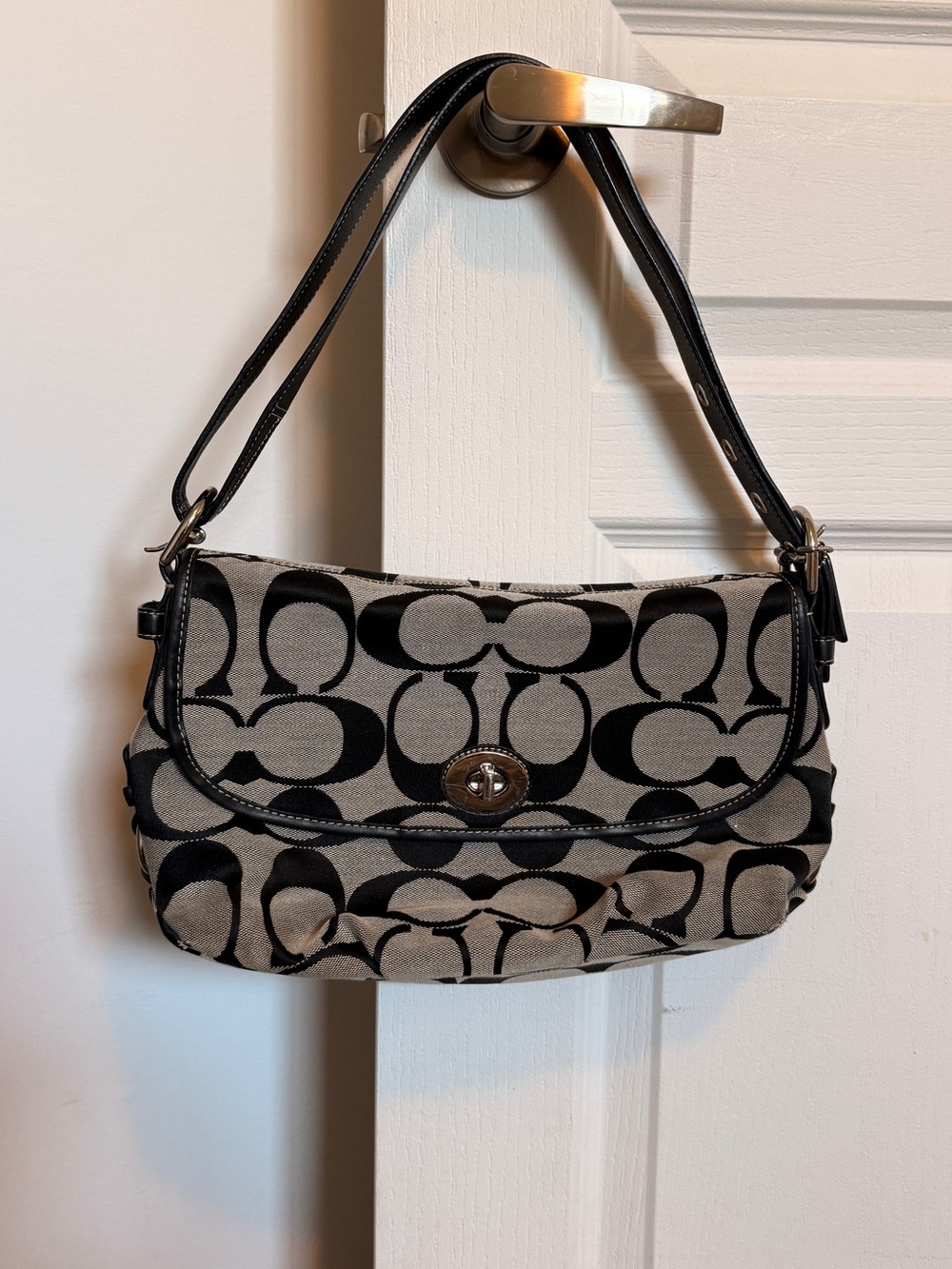 Coach Black and Tan Signature Canvas Shoulder Bag